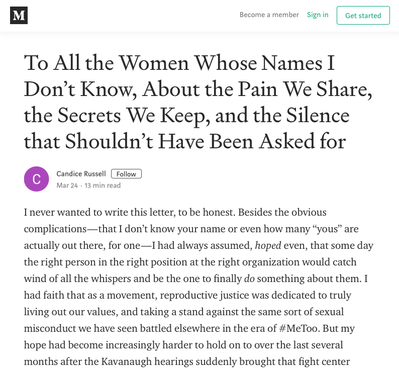 Headline reads, "To all the women whose names I don't know, about the pain we share, the secrets we keep. and the silence that shouldn't have been asked for." By Candice Russell. The article accuses abortionist Willie Parker of sexual assault.