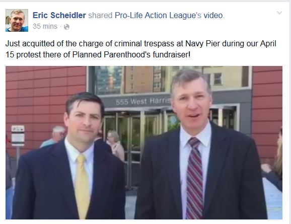 Eric Scheidler posted on Facebook, "Just acquitted of the charge of criminal trespass at Navy Pier during our April 15th protest there of Planned Parenthood's fundraiser!"