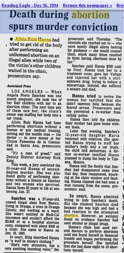 Article from the Reading Eagle in 1994 about abortionist Alicia Ruiz Hanna