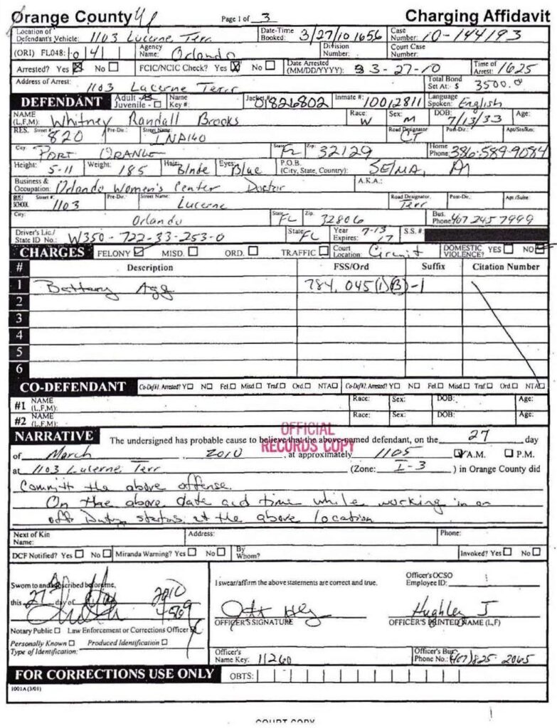Whitney's arrest citation