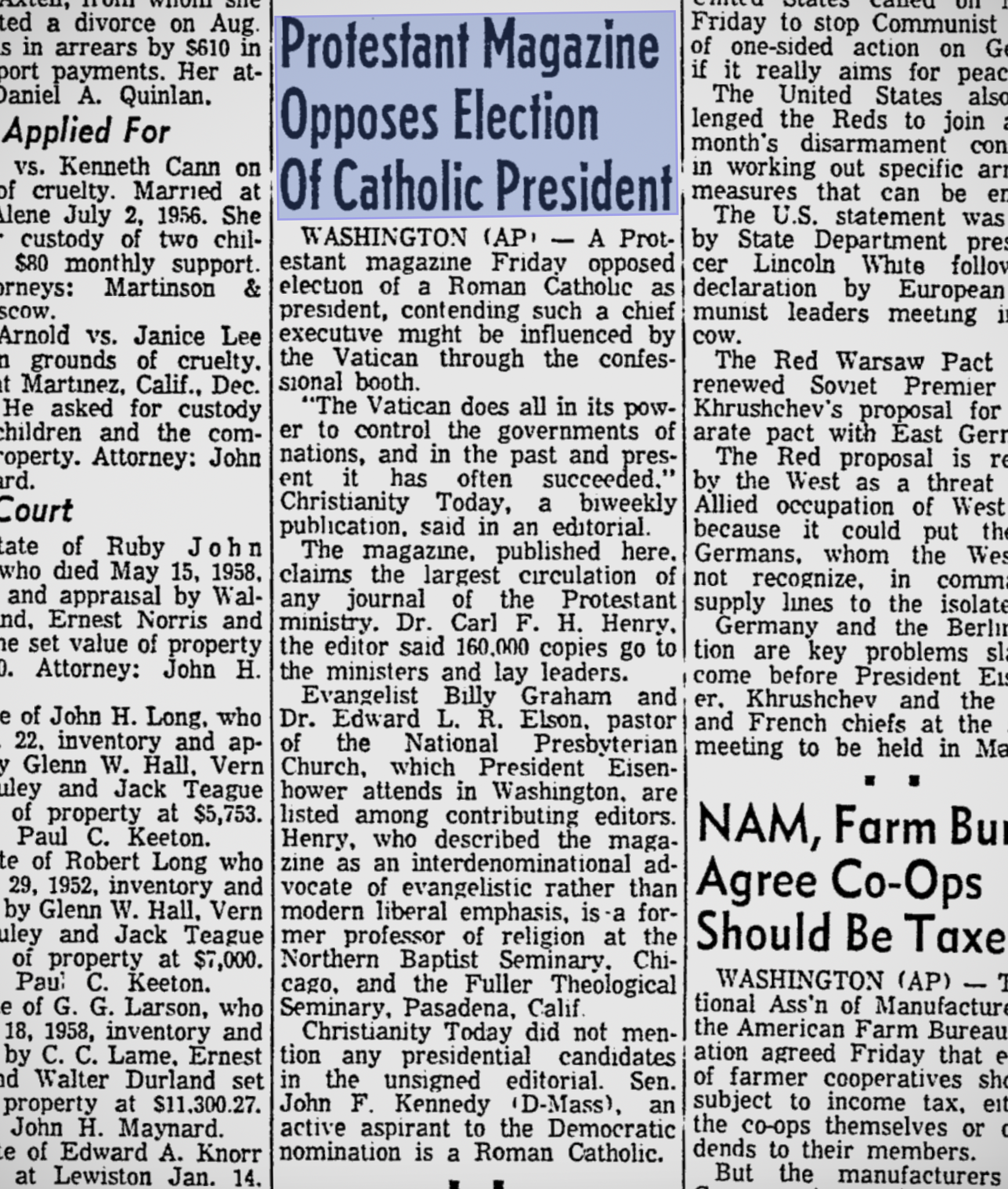 Article in February 1960 newspaper, Lewiston Morning Tribune, with the headline, "Protestant Magazine Opposes Election of Catholic President."